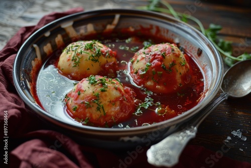 Ukrainian beetroot soup borscht with potato dumplings, herbs and sour cream in bowl on rustic wooden table