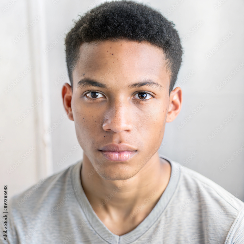 Young Black Man with Neutral Expression in Light Room Young Black Man with Neutral Expression in Light Room