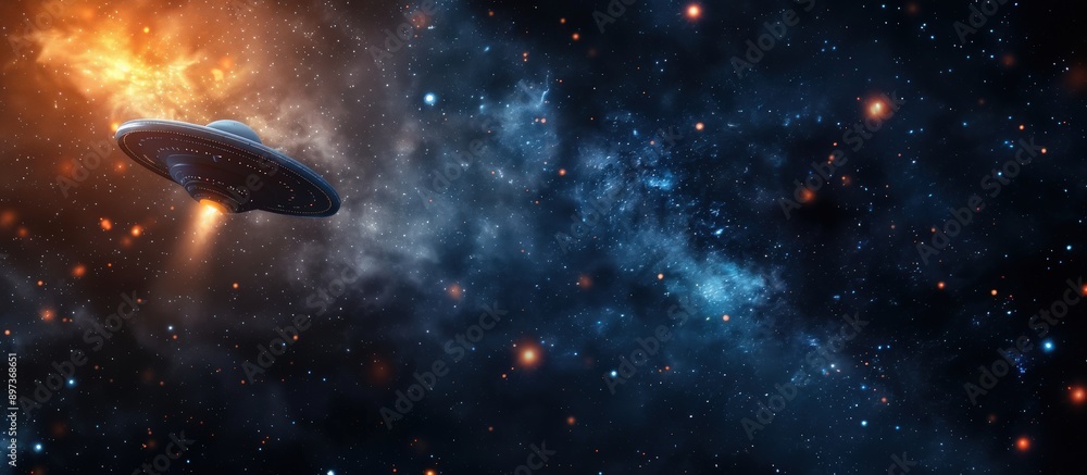 A space background with a UFO flying through it. The background is filled with stars and the UFO is the main focus of the image A space background with a UFO flying through it. The background is filled with stars and the UFO is the main focus of the image
