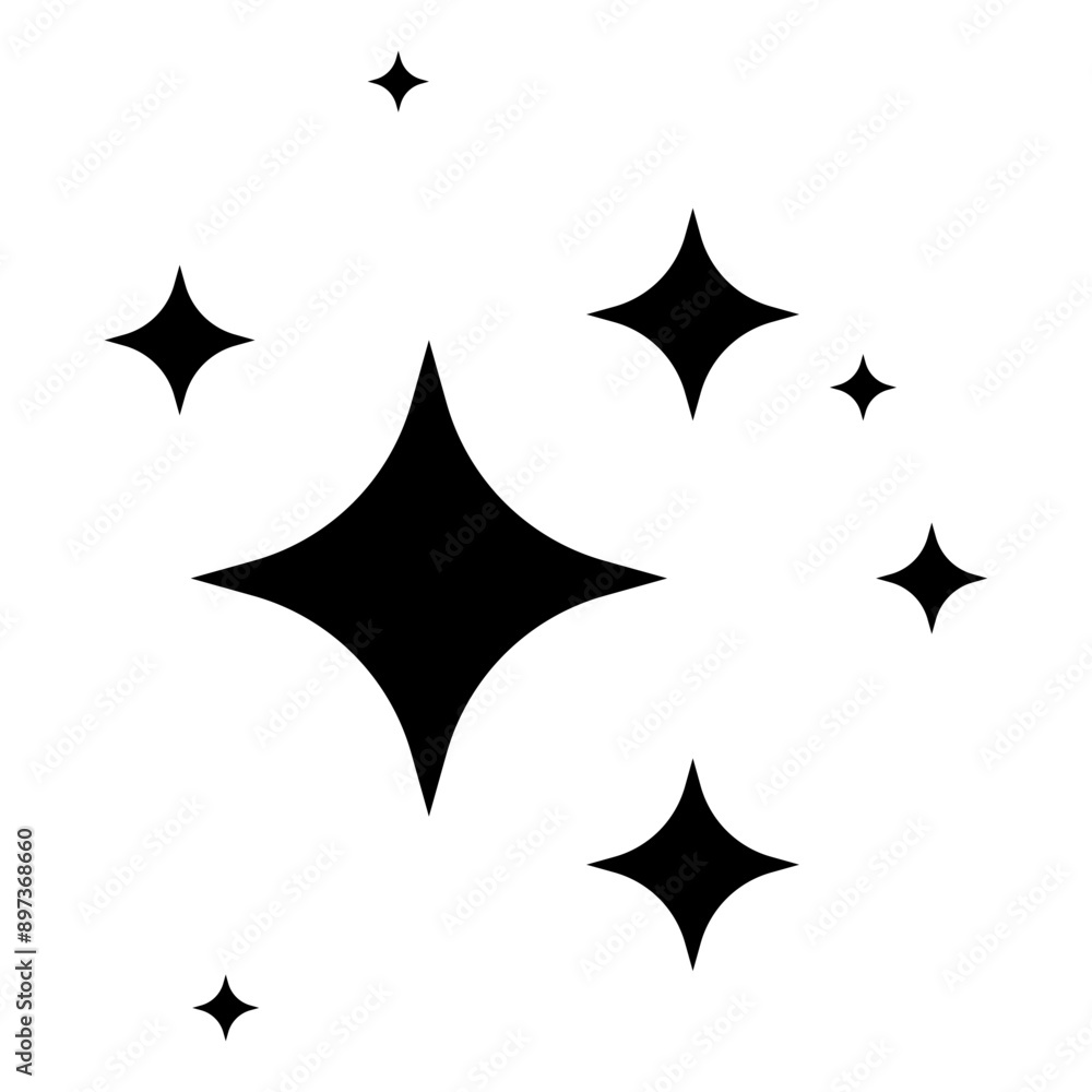 Sparkling star icons. Black and white. Various sizes. Vector illustration. Sparkling star icons. Black and white. Various sizes. Vector illustration.