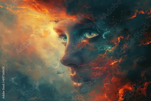 Surreal portrait of a face surrounded by fiery and smoky textures, blending human features with abstract elements for a mystical visual effect. © tonstock