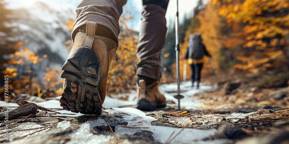Close-up low angle photo of a man's hiking boots as he hikes on a snow-covered nature trail, with a backpack and walking poles. Stock photo with space for text. Hiking and outdoor adventure concept. Close-up low angle photo of a man's hiking boots as he hikes on a snow-covered nature trail, with a backpack and walking poles. Stock photo with space for text. Hiking and outdoor adventure concept.