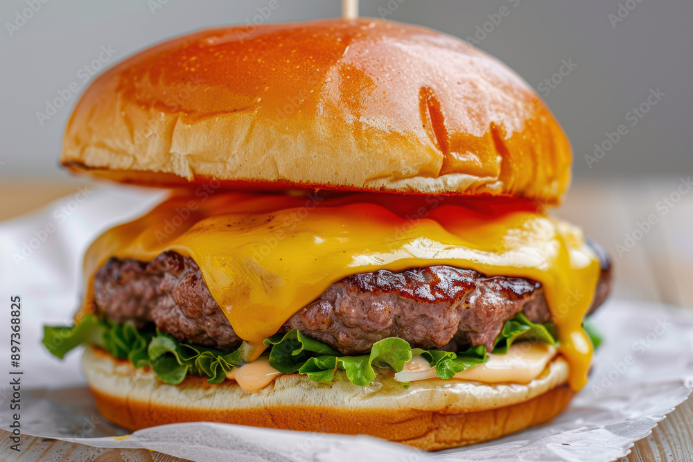 Close-up of a delicious cheeseburger with lettuce, sauce, and a perfectly grilled beef patty on a glossy bun. Ideal for food blogs and advertisements. Close-up of a delicious cheeseburger with lettuce, sauce, and a perfectly grilled beef patty on a glossy bun. Ideal for food blogs and advertisements.