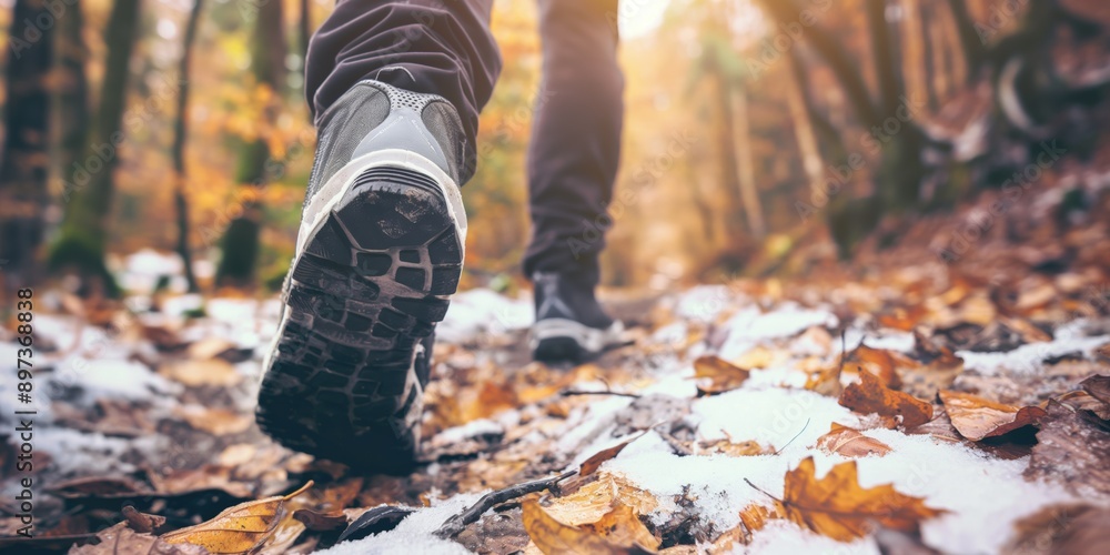 Close-up low angle photo of a man's hiking boots as he hikes on a snow-covered nature trail, with a backpack and walking poles. Stock photo with space for text. Hiking and outdoor adventure concept. Close-up low angle photo of a man's hiking boots as he hikes on a snow-covered nature trail, with a backpack and walking poles. Stock photo with space for text. Hiking and outdoor adventure concept.