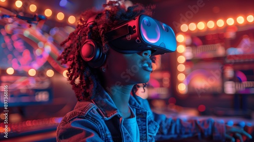 A young student wearing a VR headset participates in a music lesson, their face illuminated by the VR display.