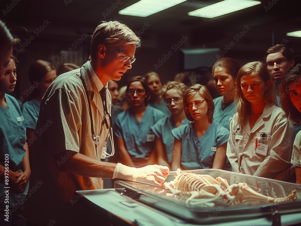 Obraz premium Medical Professor Demonstrating Surgical Procedure to Attentive Students in Simulation Lab