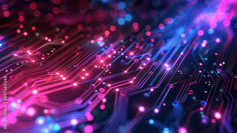 Abstract colorful circuit board with glowing lights in red, blue, and purple hues, showcasing modern technology and connectivity. Abstract colorful circuit board with glowing lights in red, blue, and purple hues, showcasing modern technology and connectivity.