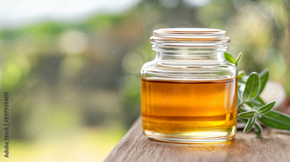 A jar of honey is sitting on a wooden table next to some flowers A jar of honey is sitting on a wooden table next to some flowers