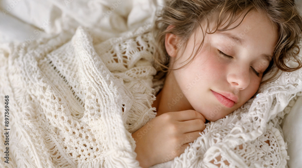 A girl is sleeping with a blanket. The blanket is white and has a pattern A girl is sleeping with a blanket. The blanket is white and has a pattern