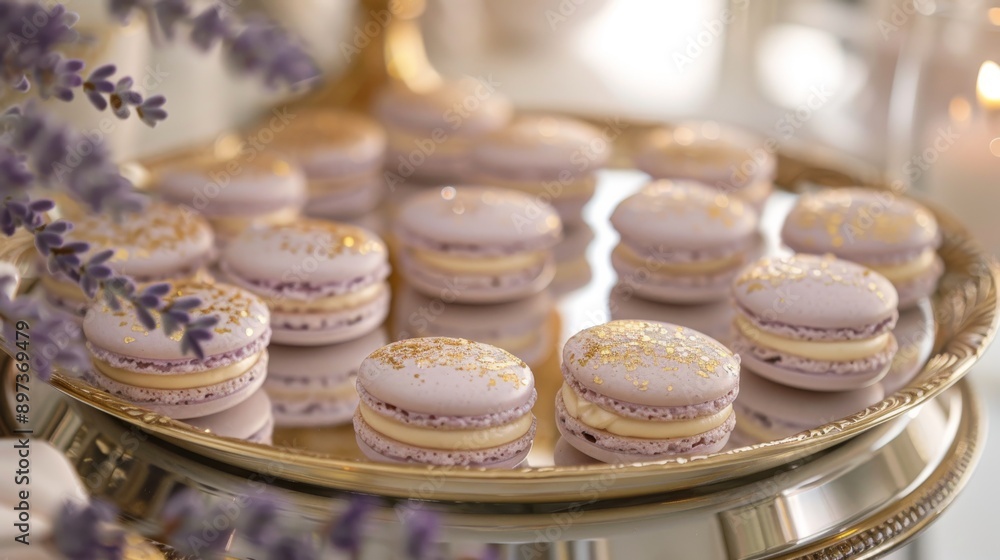 close-up of lavender macarons with lavender sprigs and golden sprinkles on elegant gold tray for luxurious wedding tea or celebration close-up of lavender macarons with lavender sprigs and golden sprinkles on elegant gold tray for luxurious wedding tea or celebration