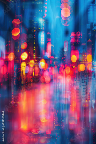 Abstract vibrant city lights at night, colorful bokeh with various light patterns and reflections, capturing dynamic urban energy and nightlife.