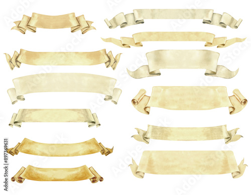 Watercolor blank beige paper banner ribbon for decorative text design in different lengths. Vintage curly label. Design templates for inscriptions, signatures, names for badges, flags, coats of arms photo