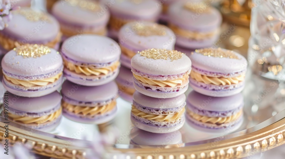 exquisite lavender and gold macarons with glittering accents on elegant glass tray for wedding dessert table exquisite lavender and gold macarons with glittering accents on elegant glass tray for wedding dessert table