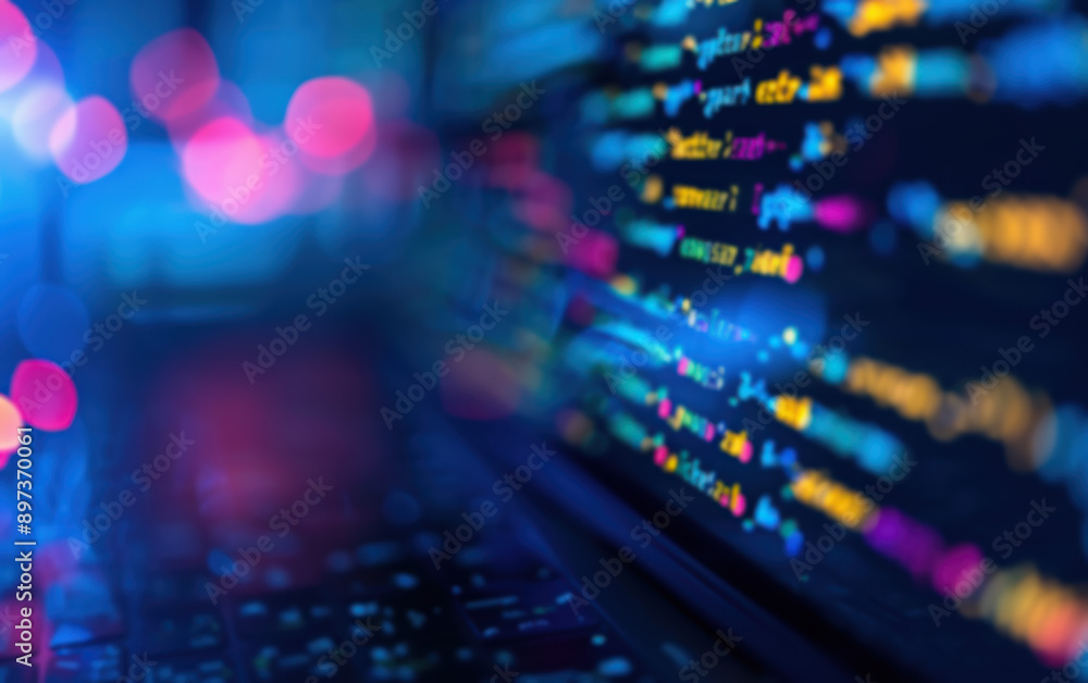 Close-up of computer screen with colorful code. Abstract background with neon lights and bokeh effect, representing technology, programming, and data analysis. Close-up of computer screen with colorful code. Abstract background with neon lights and bokeh effect, representing technology, programming, and data analysis.