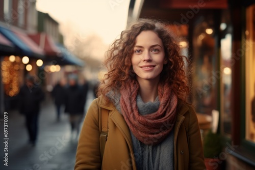 Wallpaper Mural Portrait of a satisfied woman in her 30s dressed in a warm wool sweater while standing against charming small town main street Torontodigital.ca