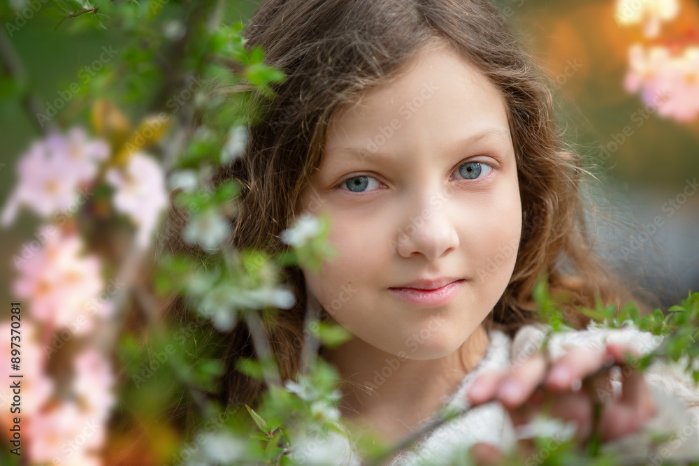 Portrait of a beautiful blue-eyed girl with spring flowers.Cute little girl in the background of blooming spring trees. Portrait of a beautiful blue-eyed girl with spring flowers.Cute little girl in the background of blooming spring trees.