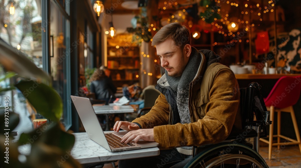 Fototapeta premium A young man with a disability works on a laptop in a cafe, the concept of modern technology and accessibility