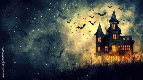 Halloween house with bats circling, dark sky, and eerie lighting, spooky night