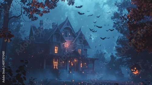 Halloween house with bats circling, misty night, and spooky lighting