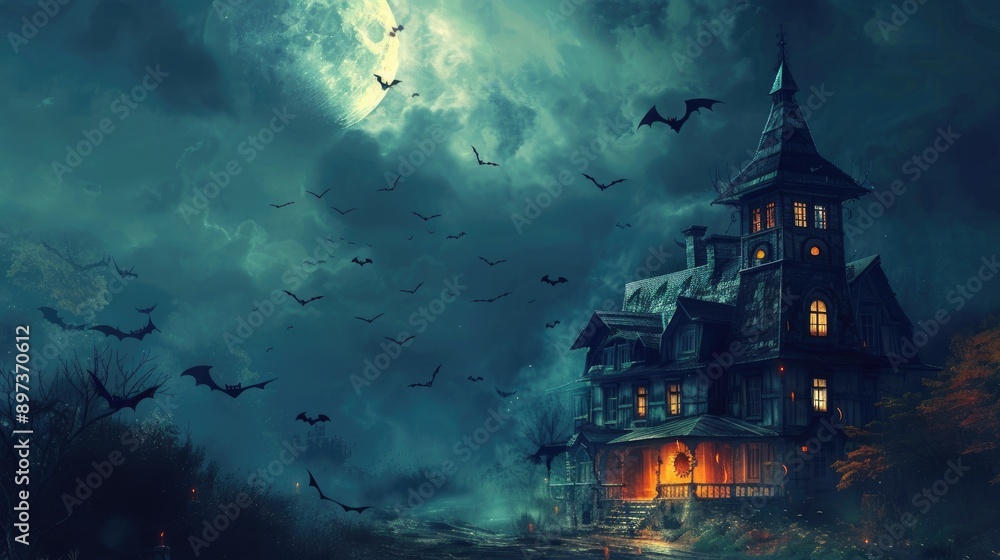 Halloween house with bats flying around, dark and spooky ambiance, full moon Halloween house with bats flying around, dark and spooky ambiance, full moon