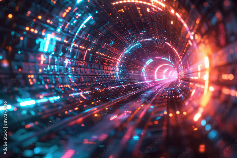 Futuristic tunnel with neon lights and digital elements, representing advanced technology and innovation. Perfect for tech, digital, and sci-fi themes. Futuristic tunnel with neon lights and digital elements, representing advanced technology and innovation. Perfect for tech, digital, and sci-fi themes.