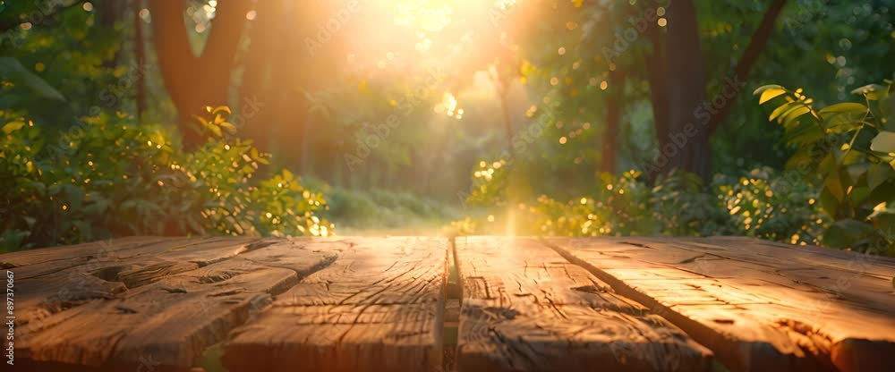 Nature background, Wood table for food and product display over blur green tree garden, Blur park nature outdoor and wood table with bokeh light background in spring and summer
