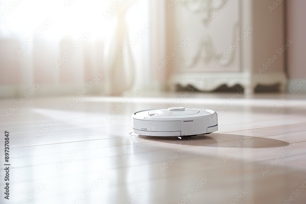 White Robotic Vacuum Cleaner Working on the Hardwood Floor in Bright Sunny Living Room White Robotic Vacuum Cleaner Working on the Hardwood Floor in Bright Sunny Living Room