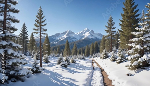  snow-covered mountain trail, with pine trees in the background and a clear blue sky overhead. 