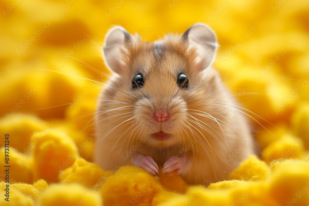 Cute Golden Hamster Sitting on Yellow Bedding Cute Golden Hamster Sitting on Yellow Bedding