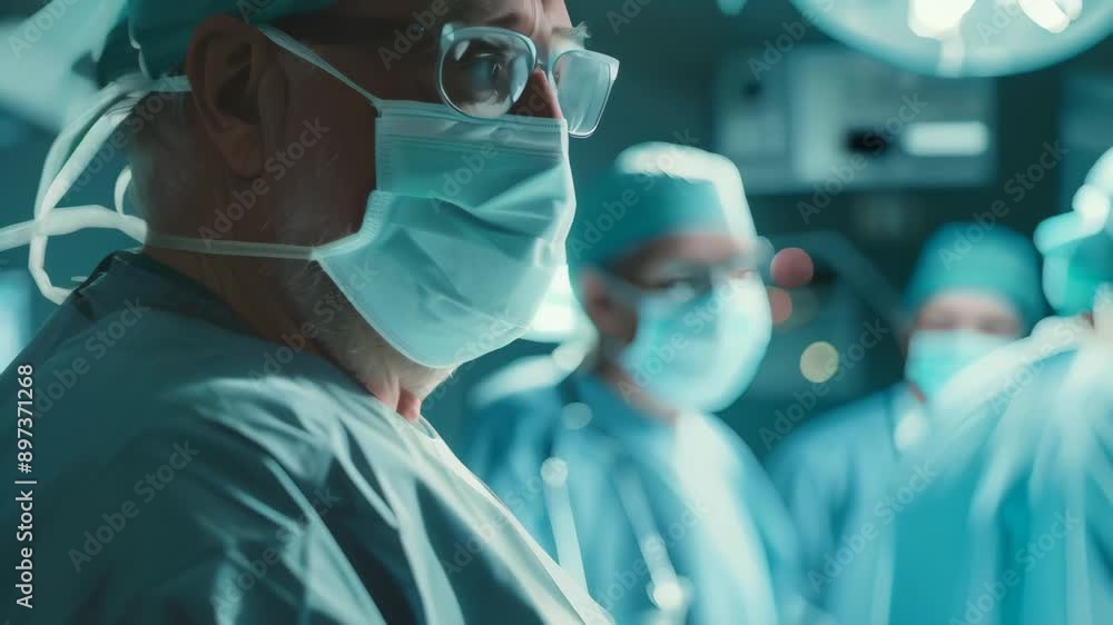 Experienced surgeon in the operating room focused on a critical procedure. Team of medical professionals performing surgery with precision and care Experienced surgeon in the operating room focused on a critical procedure. Team of medical professionals performing surgery with precision and care