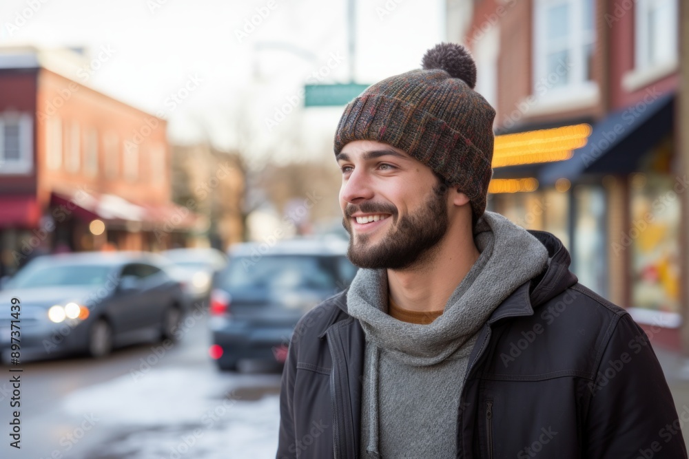 Portrait of a satisfied man in his 30s donning a warm wool beanie in front of charming small town main street Portrait of a satisfied man in his 30s donning a warm wool beanie in front of charming small town main street