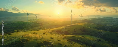 Detailed wind turbines generating green energy in a rural landscape ultrahigh detail photo