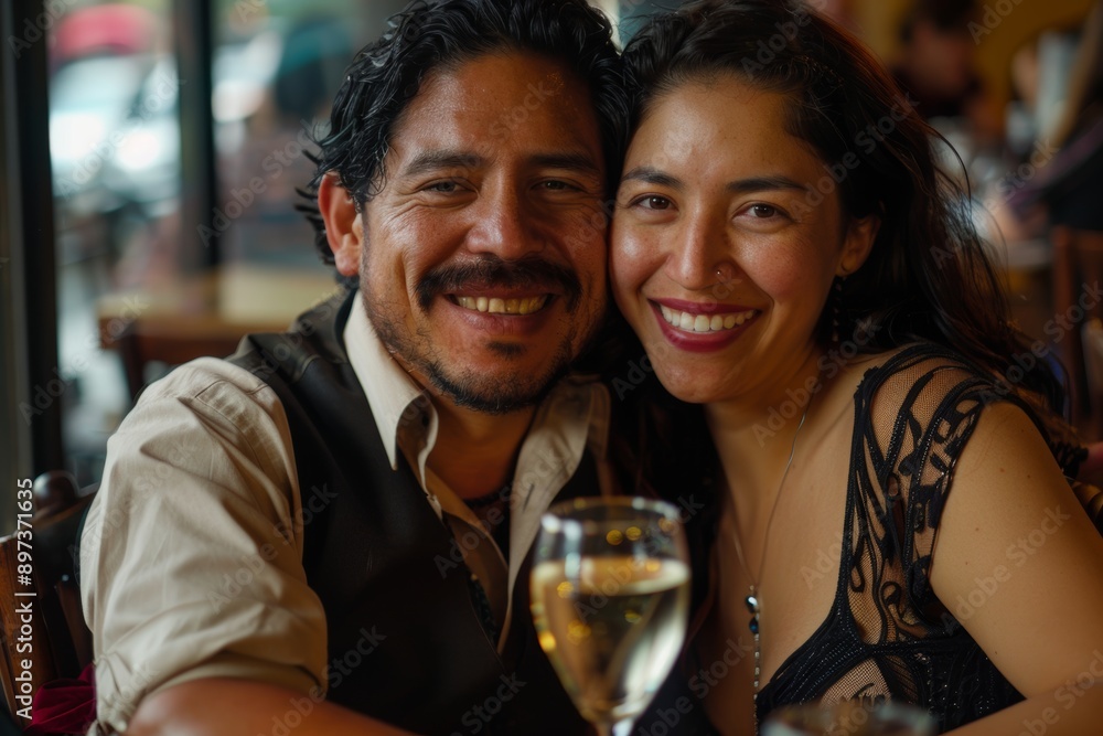 Portrait of a glad latino couple in their 30s celebrating anniversary Portrait of a glad latino couple in their 30s celebrating anniversary