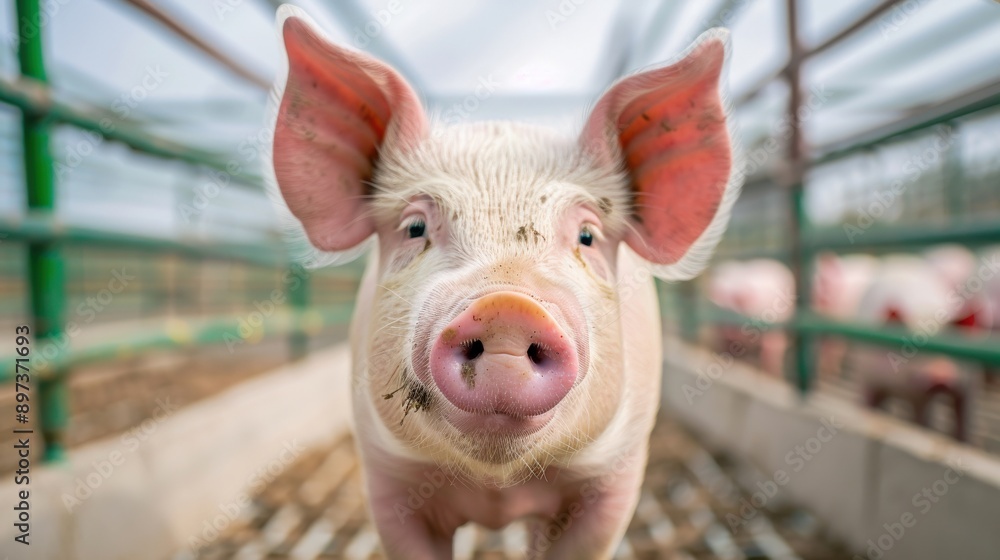 Fototapeta premium A pig with a pink snout is standing in a pen