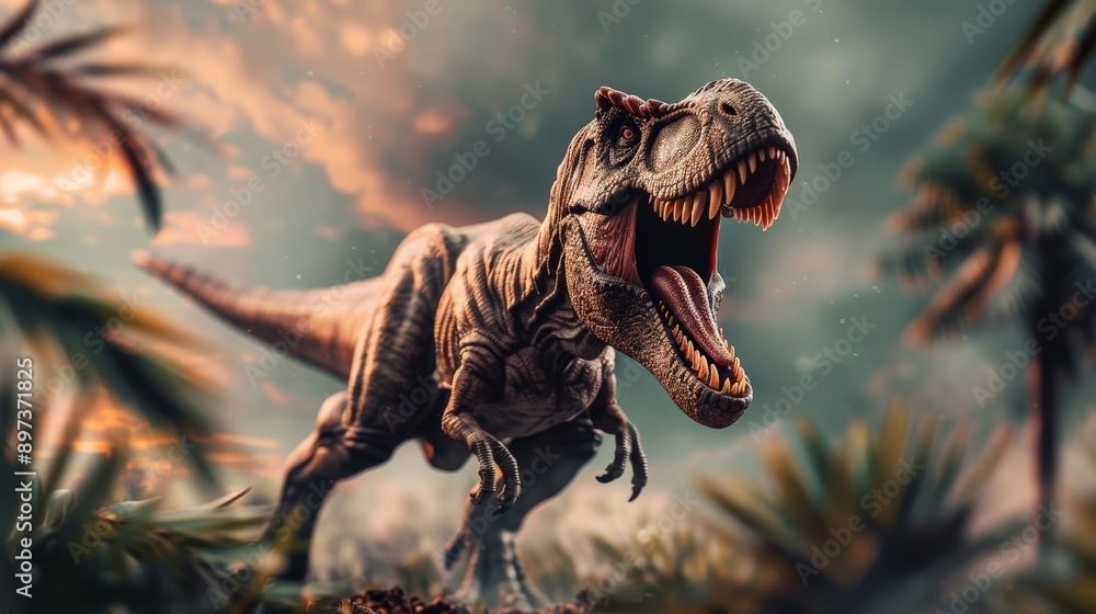 A large T-Rex is running through a jungle. The sky is cloudy and the sun is setting A large T-Rex is running through a jungle. The sky is cloudy and the sun is setting