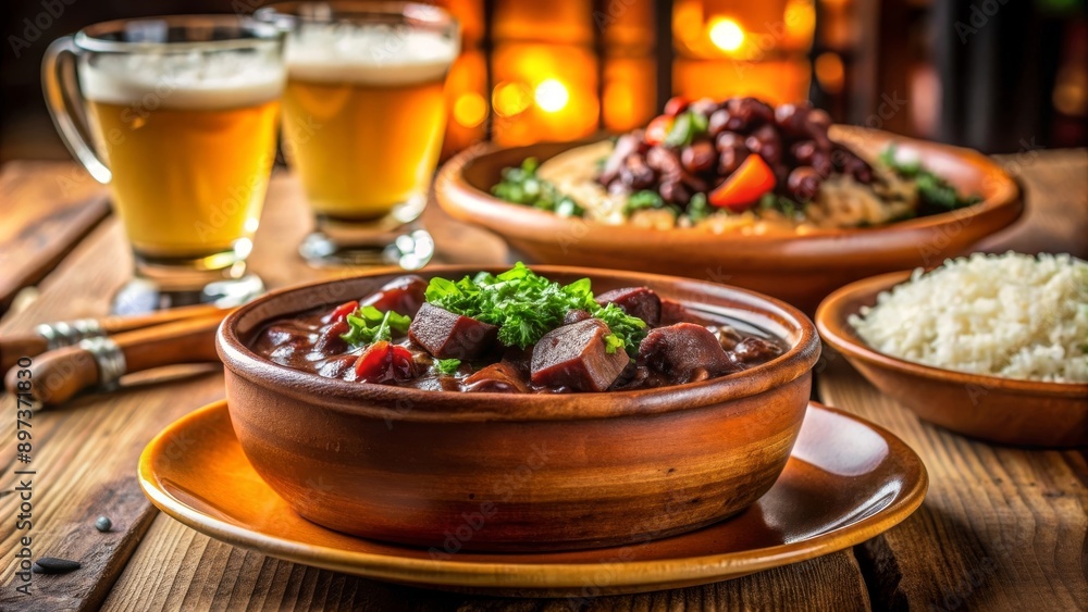 Feijoada brasileña en un bol de barro, acompañada de arroz, frijoles y cerveza, servida en una mesa de madera. Feijoada brasileña en un bol de barro, acompañada de arroz, frijoles y cerveza, servida en una mesa de madera.