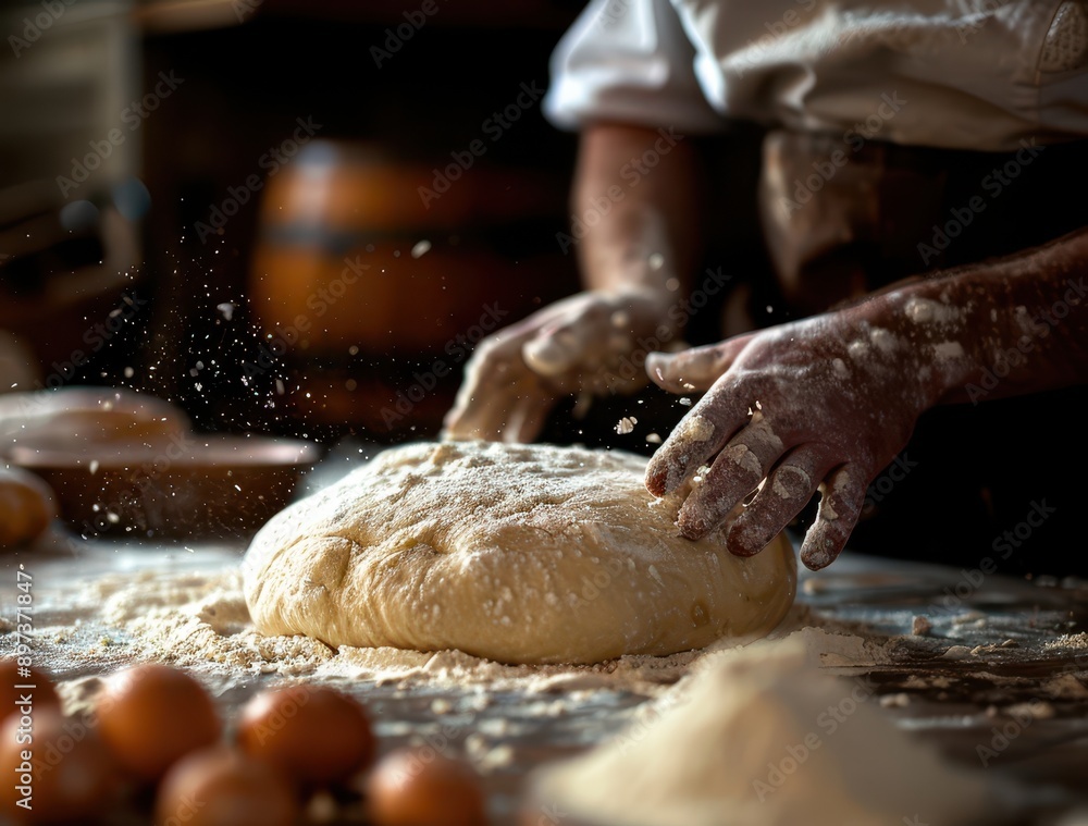 Artisan Baker's Hands Shaping Dough into Loaf on Floured Work Surface Artisan Baker's Hands Shaping Dough into Loaf on Floured Work Surface