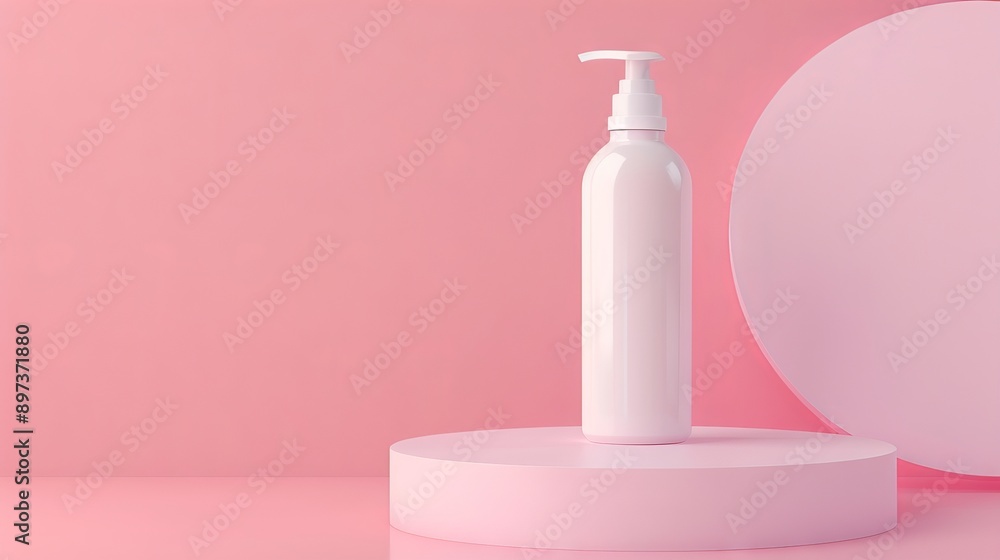 pink pastel background, white lotion bottle on a platform, professional photo, flat lighting pink pastel background, white lotion bottle on a platform, professional photo, flat lighting