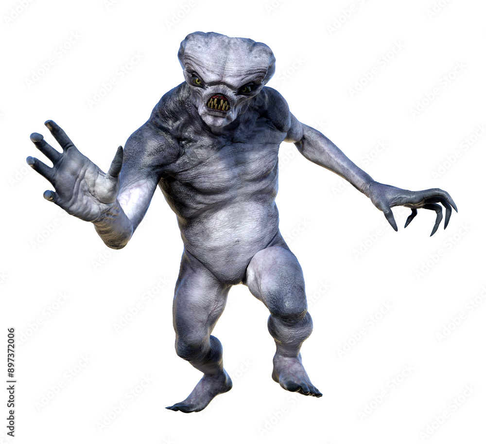 Illustration of an alien monster in an aggressive pose reaching forward with one hand on a white background. Illustration of an alien monster in an aggressive pose reaching forward with one hand on a white background.