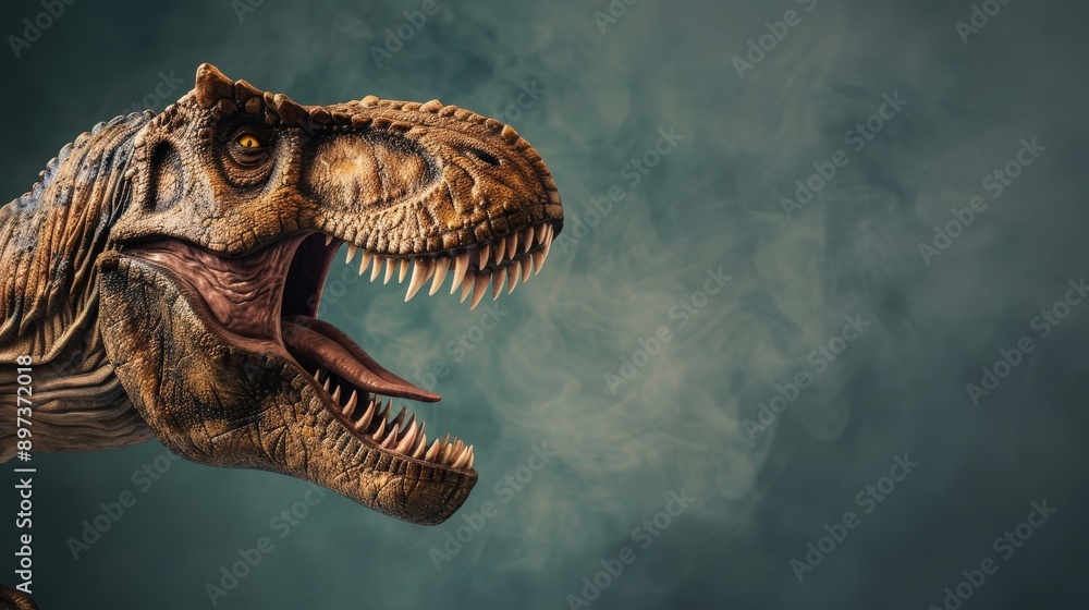 Obraz premium A dinosaur with its mouth open and teeth bared. The dinosaur is looking at the camera. The background is a blurry grayish blue