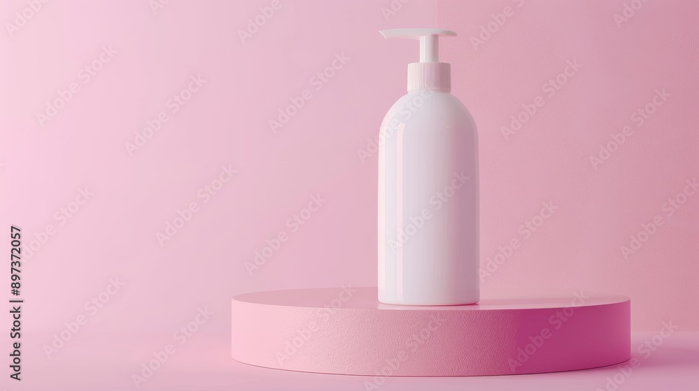 pink pastel background, white lotion bottle on a platform, professional photo, flat lighting pink pastel background, white lotion bottle on a platform, professional photo, flat lighting