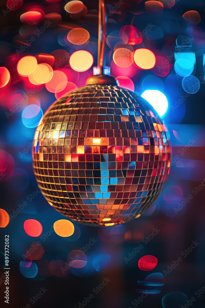 Obraz premium Vibrant disco ball with colorful blurred lights in the background, creating a festive atmosphere perfect for parties and celebrations.