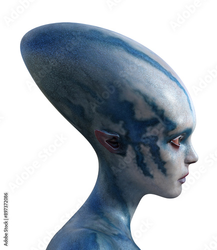 Fotografie Illustration of a female alien looking into the distance with a large elongated skull side view on a white background