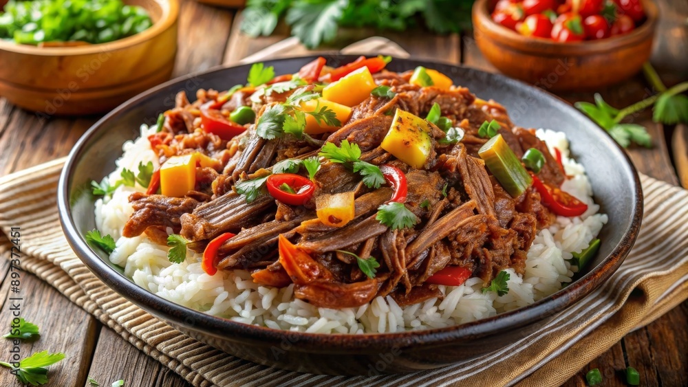 Ropa vieja servida sobre arroz blanco en un plato de cerámica negra. Ropa vieja servida sobre arroz blanco en un plato de cerámica negra.