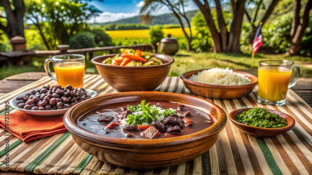 Feijoada servida al aire libre con guarniciones tradicionales, disfrutando de un entorno natural. Feijoada servida al aire libre con guarniciones tradicionales, disfrutando de un entorno natural.