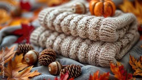 Tiny knitted bags surrounded by autumn-themed items like acorns, pumpkins, and colorful leaves, creating a cozy seasonal atmosphere.