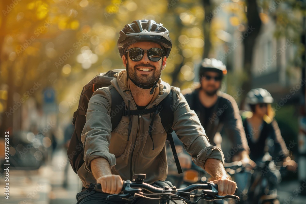 Naklejka premium Realistic electric bike riders commuting through a green city highdefinition clarity