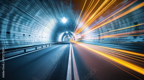 A tunnel with a bright orange light shining down on it. The tunnel is empty and the light is the only thing visible