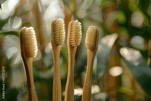 Realistic ecofriendly products like bamboo toothbrushes and reusable straws highdefinition detail photo