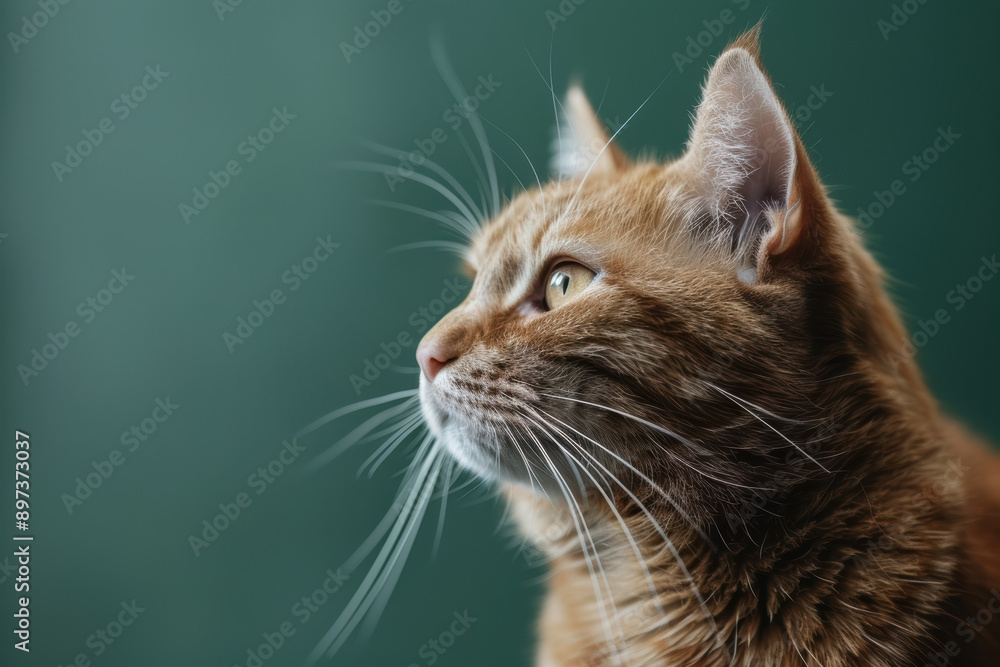 Close-up profile of an orange tabby cat with green eyes, intently gazing off into the distance, against a green background. Close-up profile of an orange tabby cat with green eyes, intently gazing off into the distance, against a green background.